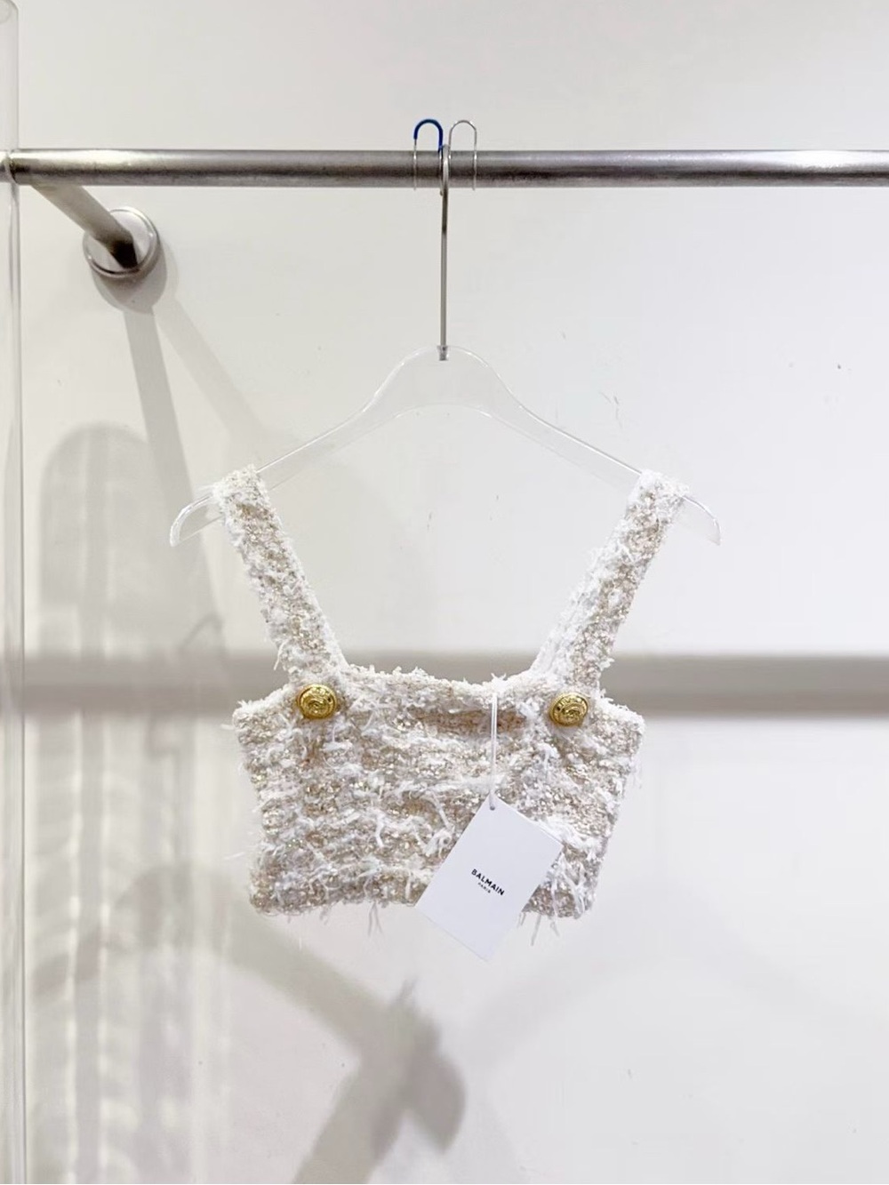 Balmain White Bouclé Crop Top with Gold Accents